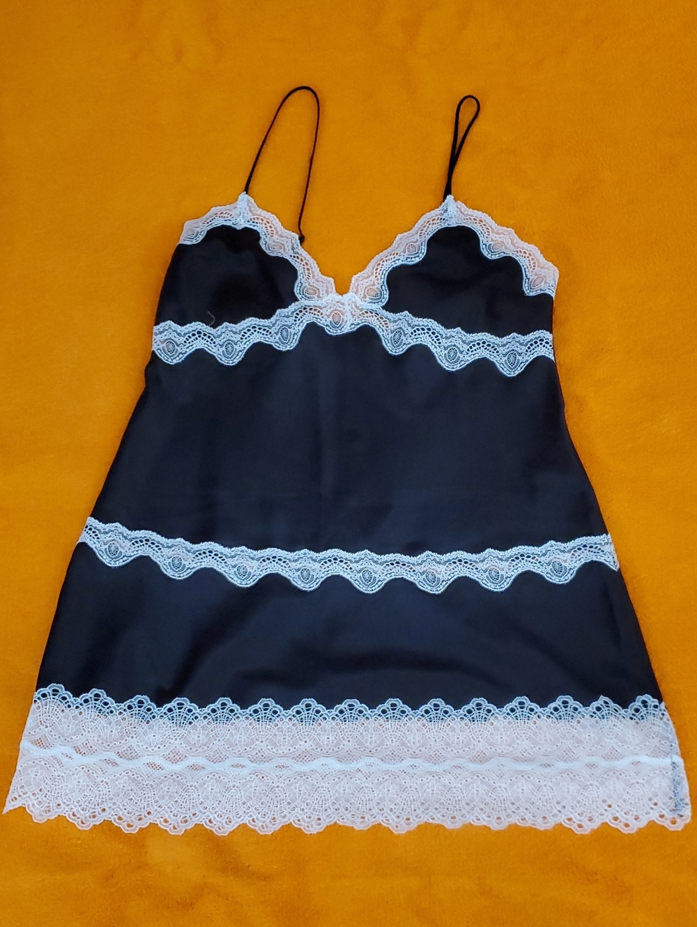 2000's Victoria's Secret Black Satin Chemise with White Lace Trim
